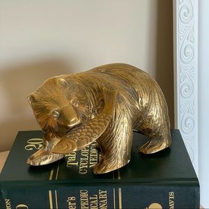 Vintage Brass Grizzly Bear Holding Salmon